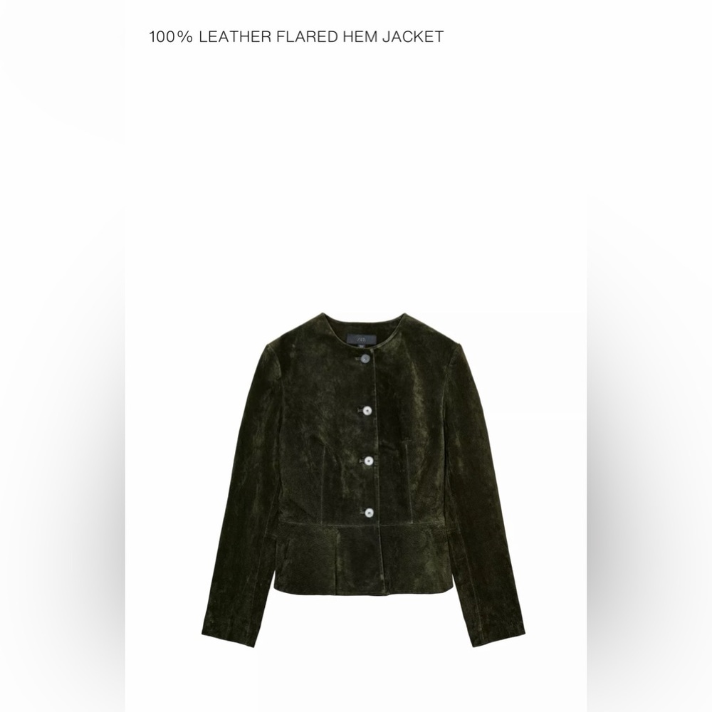 NWT Zara Pig Leather Suede Jacket Khaki Dark Green Small 6318/232 Flared Peplum - Picture 2 of 2